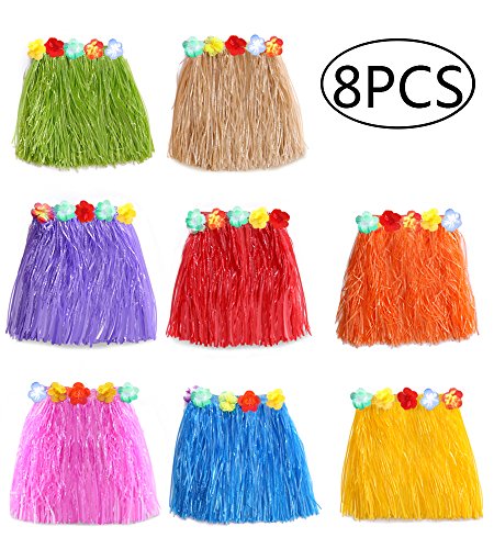 jollylife 8PCS Hawaiian Luau Hula Skirts - Grass Hibiscus Flowers Birthday Tropical Party Decorations Favors Supplies