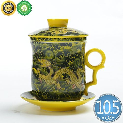 Dragon Tea-Mug(10.5oz) with Infuser and Lid &amp; Saucer,TEANAGOO-Neptune,China Porcelain Travel Unique Cup,Portable Big Brewing Steeper/Strainer/Filter,Men Adult Work Steep Dads Loose Leaf Gift Tea Set