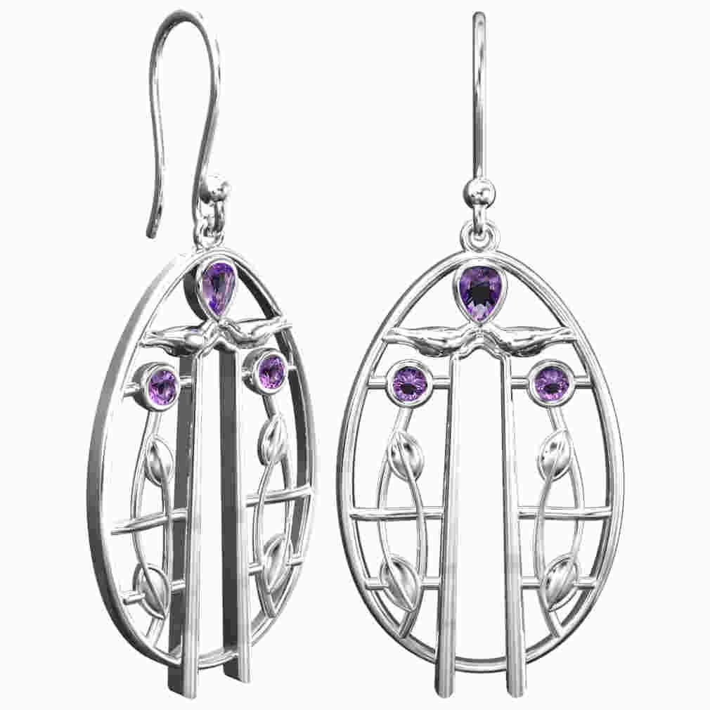 CAIRN 925 Sterling silver Charles Rennie Mackintosh earrings for women. Jewellery gift box included. Window. 182AM