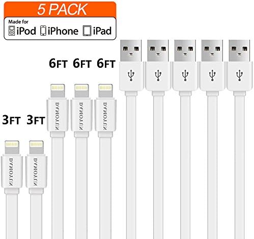 DAMOYUN Lightning Cable 5PACK 6FT*3PACK+3FT*2PACK Charger Cable,Strong and Durable USB Syncing Charger Cord for Apple iPhone X 8/8 Plus 7/ 7 Plus/6/6s/6 plus/6s plus/ 5s/5c,iPad and More (White)