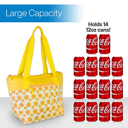 RMS Cooler Tote and Lunch Bag - Insulated Soft Cooler Bag for Everyday Activities - Ideal for Outdoors, Camping or Games - Stylish Floral Design for Women (Large, Yellow Flower)