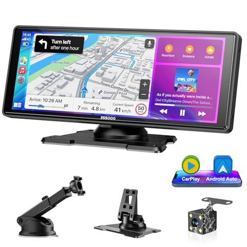 ESSGOO 10.26 Inch CarPlay Car Screen with Backup Camera Supports A-pple CarPlay & Android Auto, GPS, FM, Mirror Link, Bluetooth Hands-Free Calls, Siri and Google Assistant