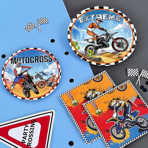 Motorcycle Birthday Decorations, 10 Guests Decoration Kit with Motorcycle Theme Including Plates and Glasses Motocross Napkins Tablecloth Banner etc Birthday Accessories for Motorcycles