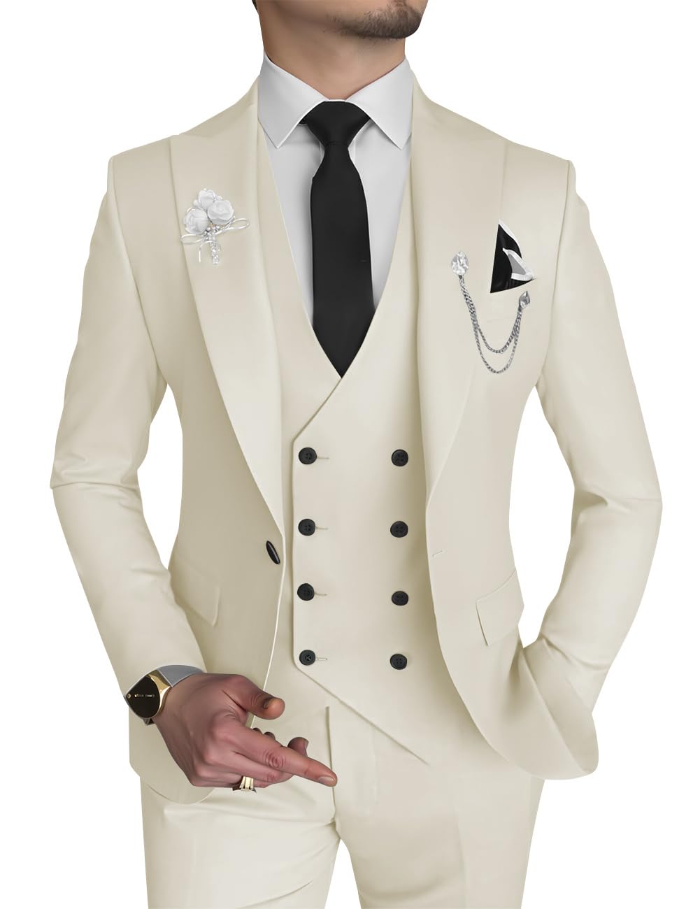 Photo 1 of Wangyue 3 Pieces Beige Suits for Men Wedding Suits Groomsman Slim Fit Double Breasted Suit Men Prom Tuxedo, XXL