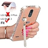 LG Stylo 3 Case, LG Stylo 3 Case ZHFLY Bling Diamond Aluminum Metal Bumper Tassel Frame Detachable + Mirror Hard Back Case, 2 in 1 Cover, Rose Gold Pearl Tassel