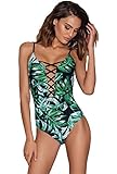 Sondiborn Swimwear Women's One Piece Criss Cross Front Swimsuit Solid Color Floral Print Monokini (S, Print in Green)