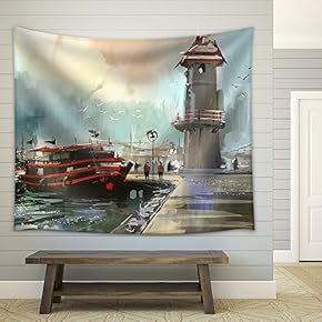 Fishing Boat in Harbor,Digital Painting - Fabric Wall Tapestry Home Decor - 51x60 inches