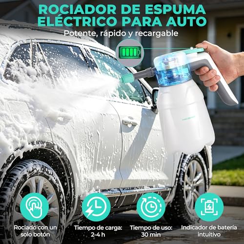 HAUSHOF Espumador Eléctrico para Coche 1,8L, Pulverizador de Espuma 2 en 1 | Inalámbrico 8V, 2 Boquillas Ajustables, Uso sin Bombeo Manual, Incluye Detergente, Guantes y Toalla