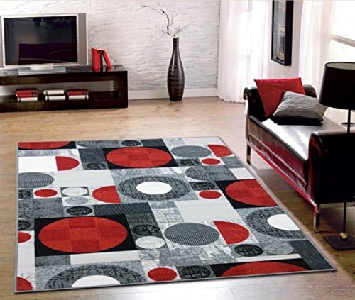 Bandelini Napoli Collection Modern Contemporary Multi Design Rubber-Backed Non-Slip (Non-Skid) Area Rugs | Thin Low Pile Indoor/Outdoor Runner Rug (20'' x 59'', Silver 9 - Red Grey)