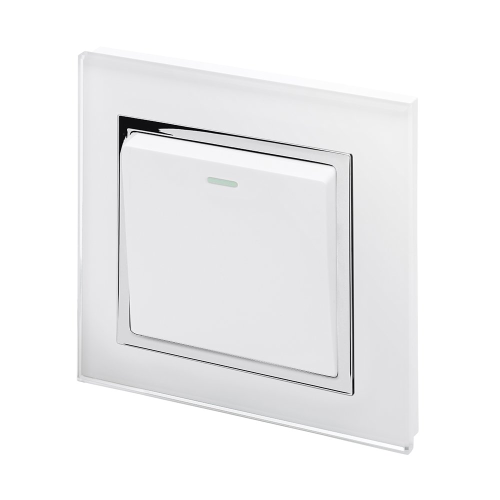 Retrotouch RMS12-W Crystal Single Light Switch, White Chrome Trim, 2-Way, 10AX, White Glass, 86 mm * 86 mm