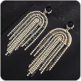 Kercisbeauty Black Rhinestones Beads Gold Chandelier Earrings Fringe Dangle Drop Jewelry for Women Vintage Wedding Bridal Jewelry (Black 1)