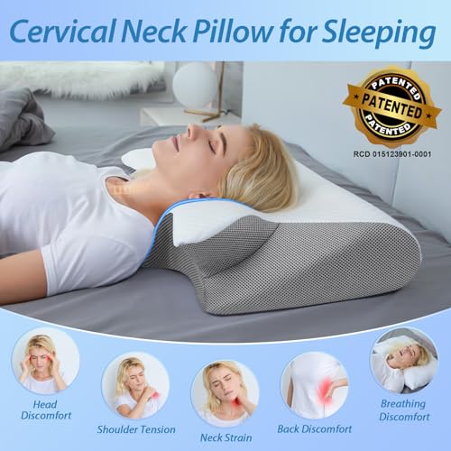 HOMCA 2-in-1 Ergonomic Neck Pillow, Memory Foam Pillow for Back, Side and Stomach Sleepers, 60 x 40 x 12/14 cm, Grey