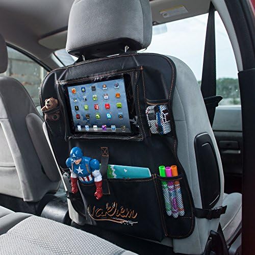 Car seat organizer for kids with Tablet Holder, Toy Pockets &amp; Bottle Slots (Black)