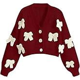 Womens Bow Cropped Cardigan Sweater Long Sleeve V Neck Button Down Chunky Knit Loose Crop Tops Burgundy