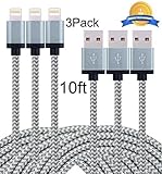 Mribo Nylon Braided Lightning Charging Cable Cord, 10 Feet, 3 Pack, Gray