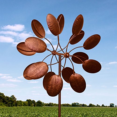84" Big Modern Art Kinetic Wind Sculpture Brushed Copper Finish Dual Spinner Pinwheel
