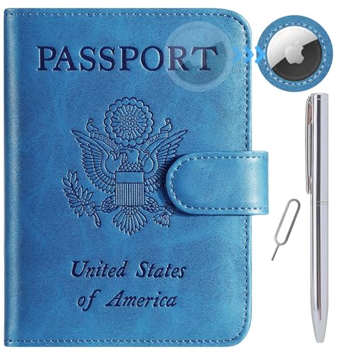 Airtag Passport Holder Cover Wallet RFID Blocking Leather Case Travel Essentials Luggage Accessories Travel Must Have(118#Blue)