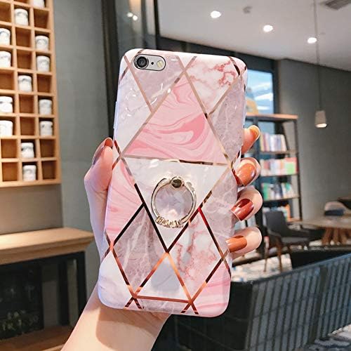 Case for iPhone 6S Plus/6 Plus Marble Case,Girls Women Polished Plating Mosaic Marble Flexible Soft Rubber Gel TPU Case Cover & Bling Diamond Ring Stand for iPhone 6S Plus/6 Plus Silicone Case,Pink A