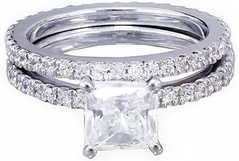 14k White Gold Princess Cut Moissanite and Round Cut Diamond Engagement Ring and Band Bridal Wedding Set 2.50ct Available sizes 4-12