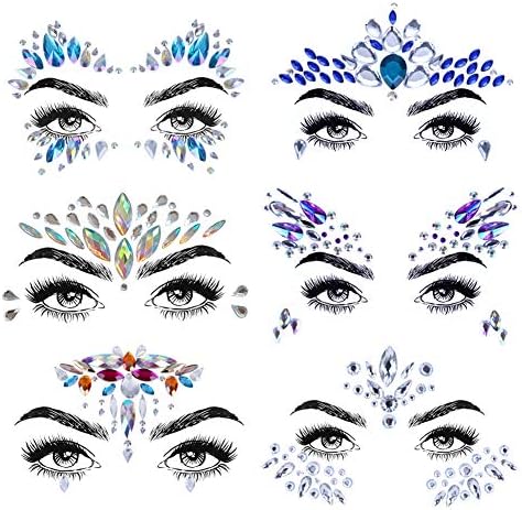 Festival Face Gems Rhinestone Sticker,Fukalu 6 Pcs Women Face Crystal Tattoo Face Jewels Self Adhesive Face Gems Glitter Rhinestone Sticker for Eyes Face Body Forehead Festival Party (Collection 1)