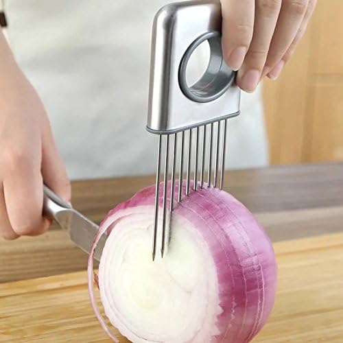 Stainless Steel Onion Slicing Guide Holder - Potato Tomato Vegetable Meat Fruits Cutting Guide Holder All-In-One Cutting Chopper Guide - Kitchen Slicer Guide Gadget ( Silver Handle)