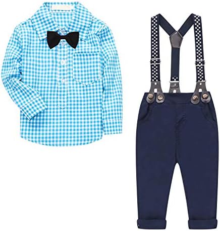 Baby & Little Boy Tuxedo Outfit, Plaids Shirt + Suspender Pants