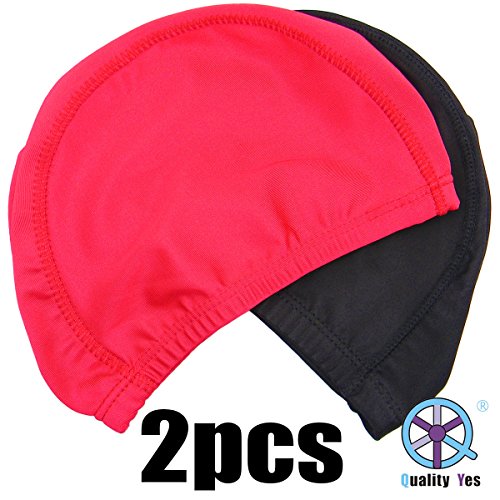 Quality Yes 2Pack Superior Polyester Cloth Fabric Bathing Cap Swimming Caps Swimming Hats for Water Sports, Black and Red - Thumbnail 7