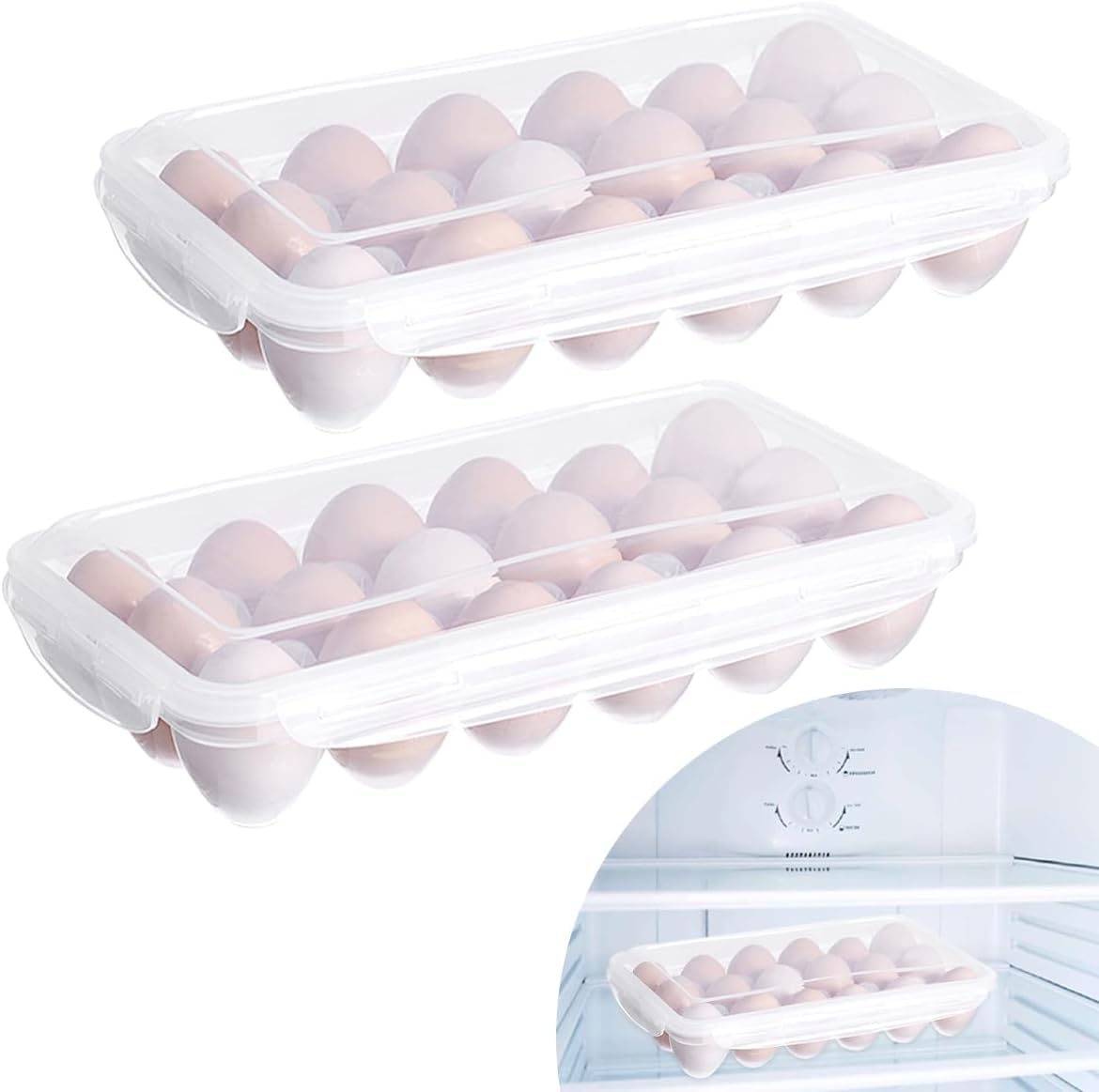 Uzepie 2 Pack egg Storage Container for Fridge - Clear Airtight Box with Lids, Kitchen Organizer Keeps Eggs Fresh, Dispenser Holds 36 (18 x 2)