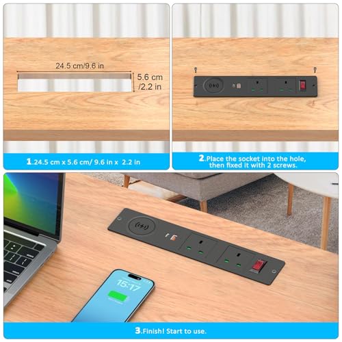 LBOYLOVE® Recessed Desk Power Socket, Hidden Plug Socket with 2 UK Plugs, 2 USB Ports, 15W Wireless Charging and 2M/6.56FT Cable, Furniture Power Strip with Overload Switch for Home Office Desktop