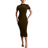 Women's Casual Mesh Elastic Double Layer Mock Neck Short Sleeve Keyhole Back Slit Midi Bodycon Dress