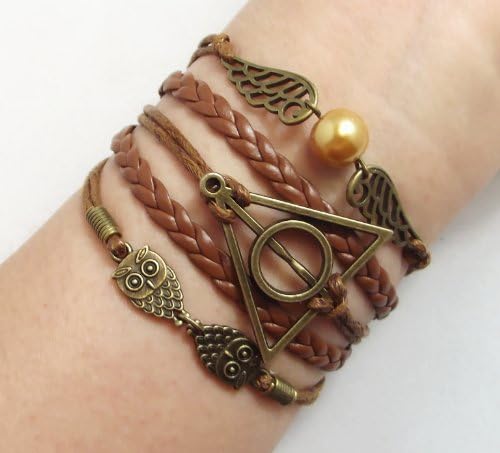 Made in USA B-080 Double Owls, Infinity, Snitch Wings &amp; Deathly Hallows Dark Brown Bracelet (Brown)