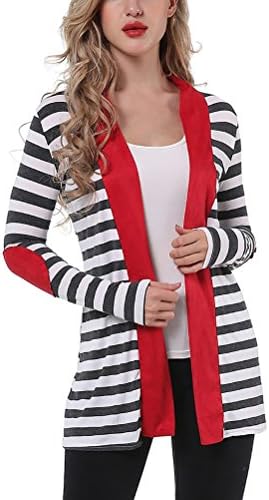 Myobe Women's Black White Elbow Patch Shawl Collar Striped Open Front Cardigan (Tag XL(US L), Red)
