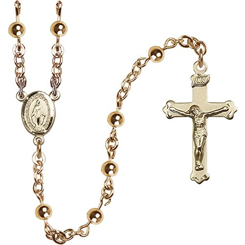 14kt Yellow Gold Filled Rosary 4mm Faux Pearl beads Crucifix sz 1 1/8 x 5/8. Miraculous medal charm