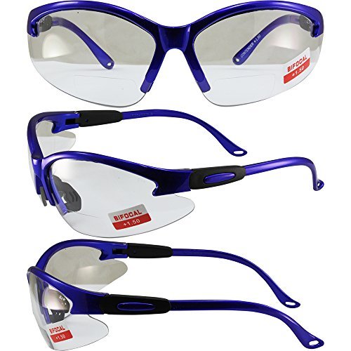 Global Vision Contender Bifocal Safety Glasses Blue Frame Clear +1.5 Lens ANSI Z87.1