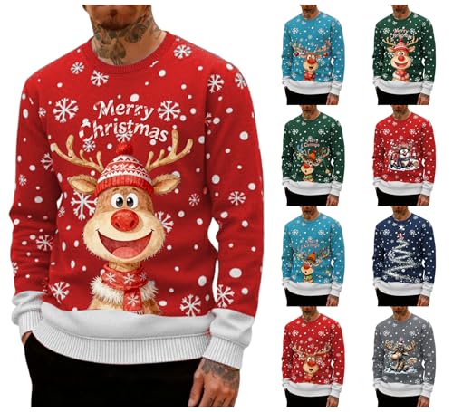 Christmas Jumpers for Men Novelty Knitted Funny Reindeer Print Pullover Sweatshirt Long Sleeve Crew Neck Soft Warm Winter Sweaters