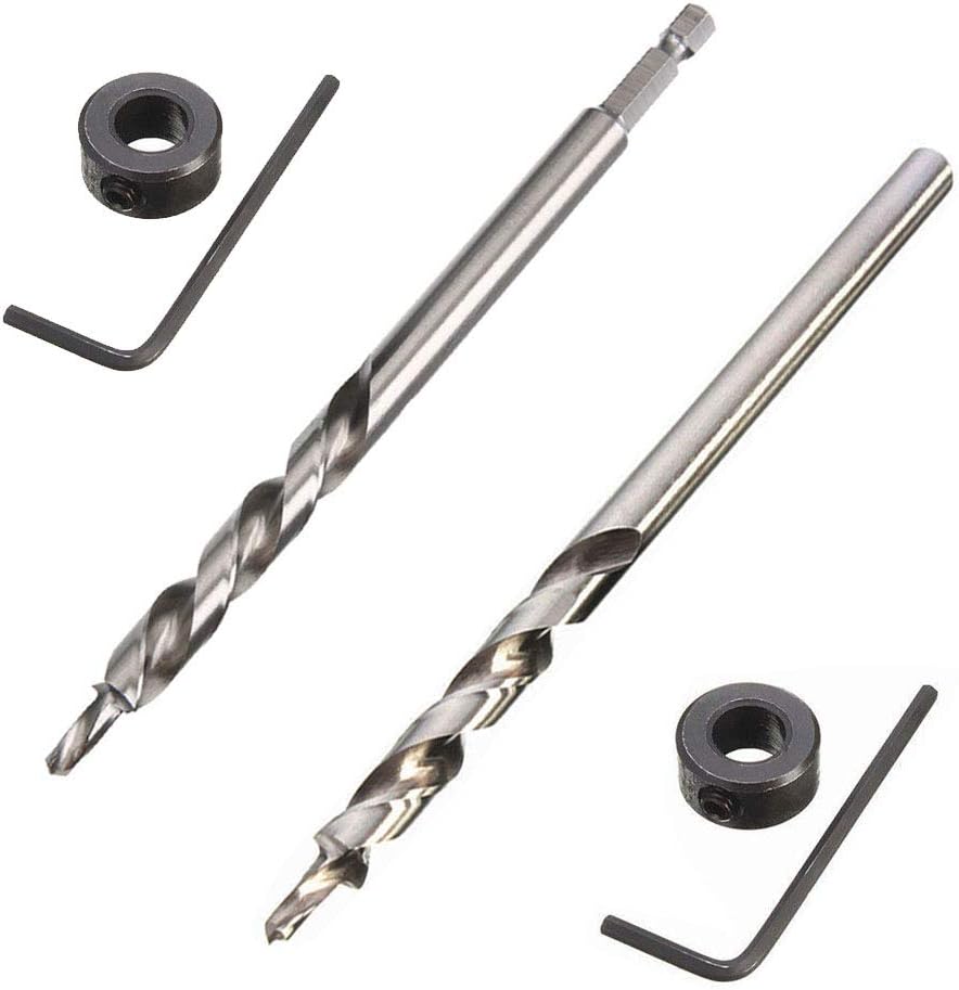 Saiper 2 Pcs 9.5mm(3/8”) Pocket Hole Drill Bit 1/4”Hex Shank and Round Shank Replacement Twist Step Drill Bit with Depth Stop Colla for Kreg Manual Pocket Hole Jig System Grill Guide Drill Tools Kit