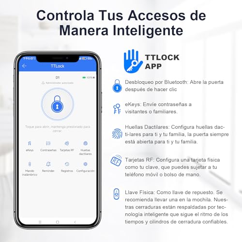 LOKOOY Cerradura Inteligente D1, 5 Métodos de Apertura, TTLOCK App Bluetooth, Huella Digital, Tarjeta IC, Contraseña, Llave física, Apto para 30 mm a 75 mm