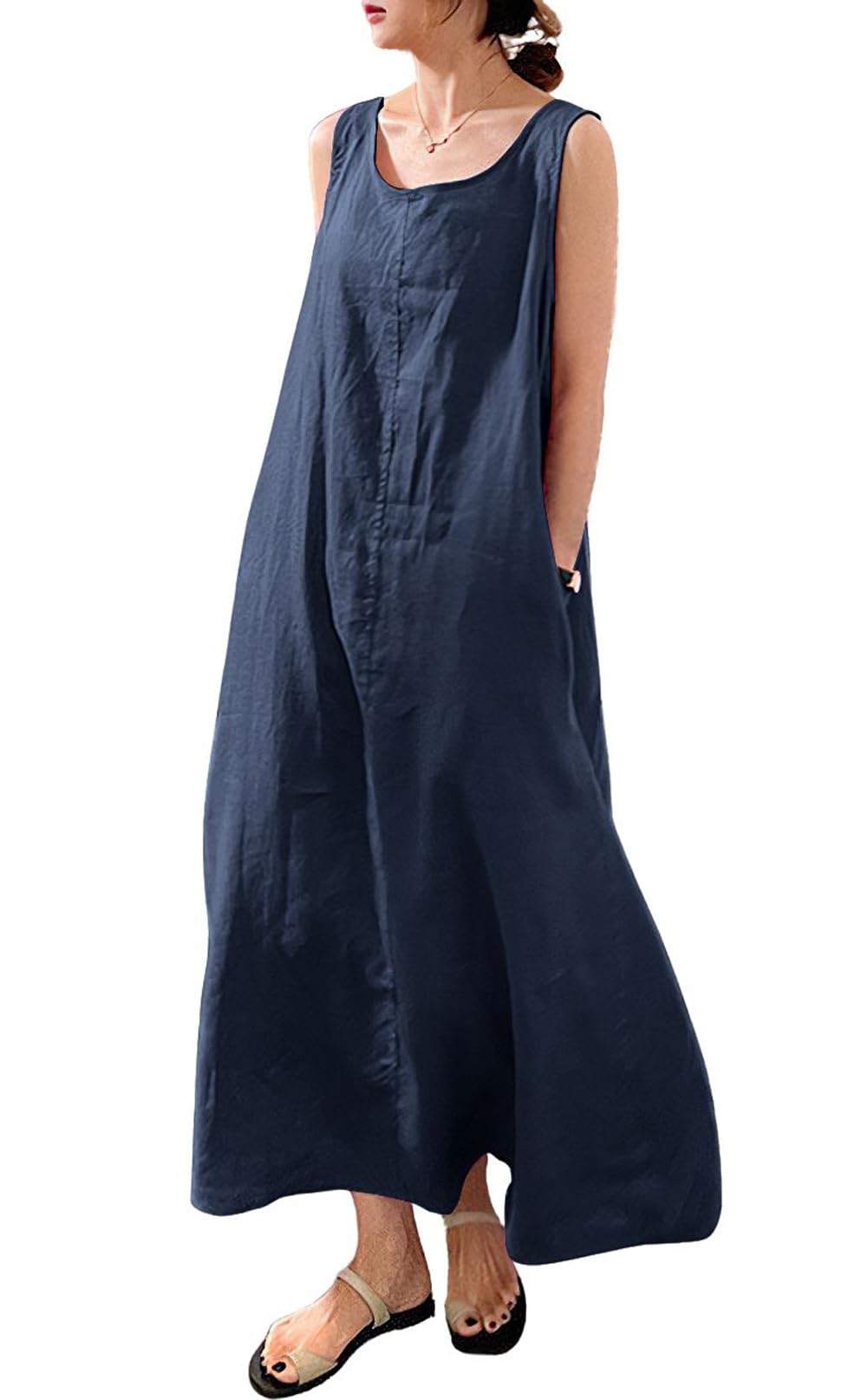 Photo 1 of chouyatou Women's Summer Casual Sleeveless Cotton Sun Dress Maxi Tunic Tank Beach Dress with Pocket (X-Large, Navy Blue)