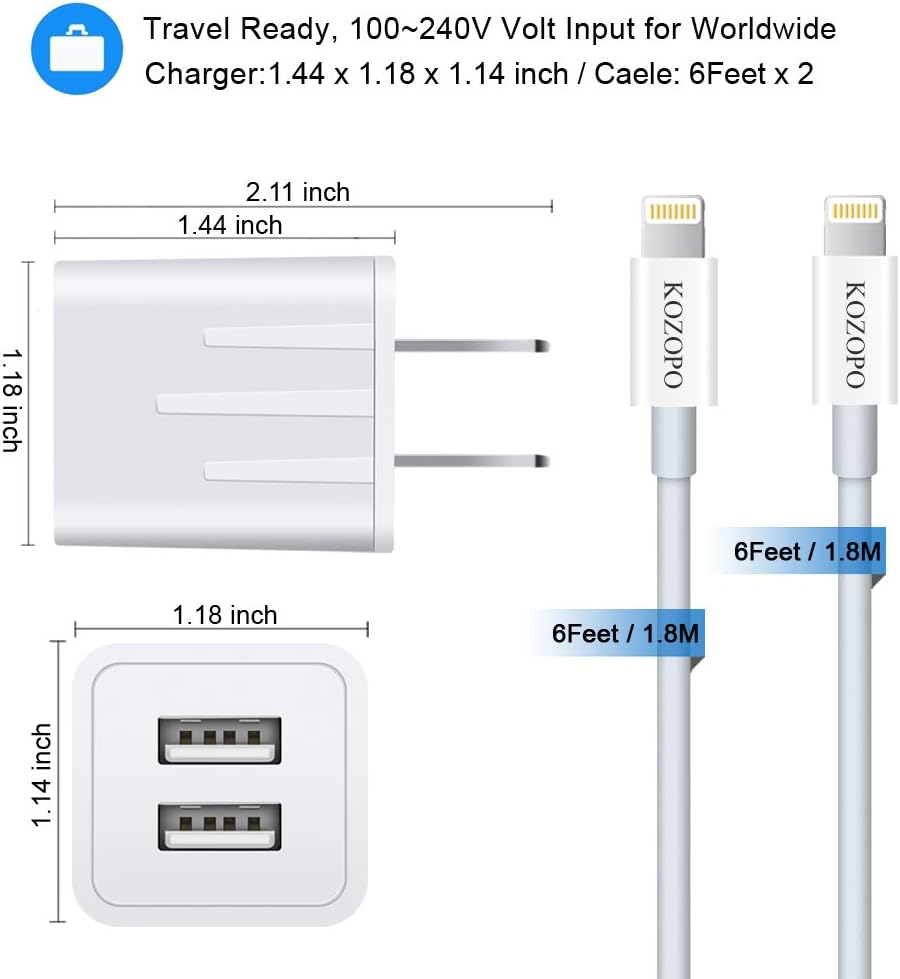 KOZOPO iPhone Charger, Lightning Cable 6FT(2 Pack) Fast Charging Data Sync Transfer Cord with 2 Port USB Plug Wall Charger Travel Adapter Compatible with iPhone 11 Pro Max XS XR X 8 7 Plus 6S for iPad