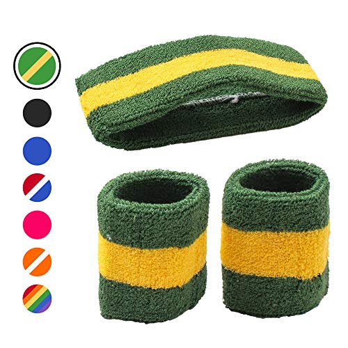 AFLGO Sweatband Set for Sports, Workout, Training & Exercise 1 Headband & 2 Wristbands Cotton to Pair with Your Athletic Costume Apparel Comfy & Durable Sport Accessories for Men & Women (Green/White) - Thumbnail 6