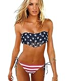 Leefi Women Halter Padded Top Scrunch Bottom American Flag Fringe Tassel Bikini