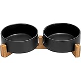 SPUNKYJUNKY Ceramic Dog and Cat Bowl Set with Wooden Stand, Modern Cute Weighted Food Water Set for Small Size Dogs (13.5OZ) & Medium Sized Dogs (28.7OZ) & Cats (1.7 Cups, 2 × Black)