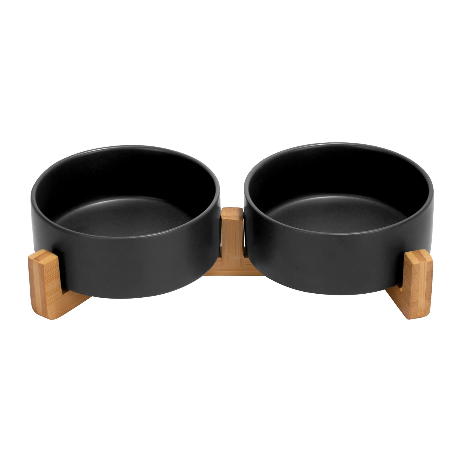 Photo 1 of SPUNKYJUNKY Ceramic Dog and Cat Bowl Set with Wooden Stand, Modern Cute Weighted Food Water Set for Small Size Dogs (13.5OZ) & Medium Sized Dogs (28.7OZ) & Cats (1.7 Cups, 2 × Black)