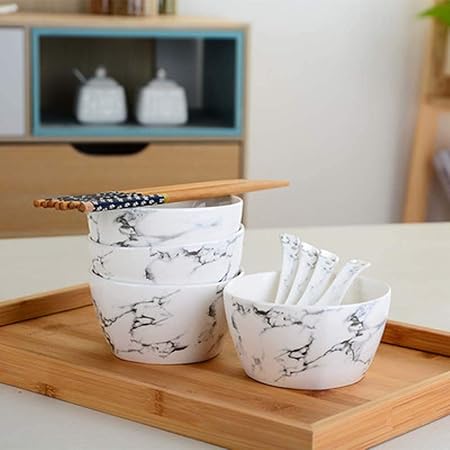 XOSHX 4 Tazones 4 Cucharas 4 Palillos Vajilla Cerámica Linda de ...