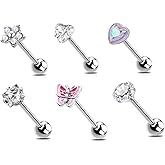 Niaspi 6Pcs Surgical Steel CZ Tongue Rings Sparkling Round Heart Flower Pink Butterfly Tongue Barbell Tongue Piercing Jewelry for Women