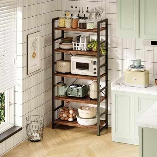 VERMESS Industrial Bookshelf, 5-Tier 24inch Shelving Unit Wood Bookcase with Open Shelves, Standing Bookshelves Metal Frame Display Rack for Living Room,Bedroom, 24.8 * 11.8 * 63 inch，Rustic Brown
