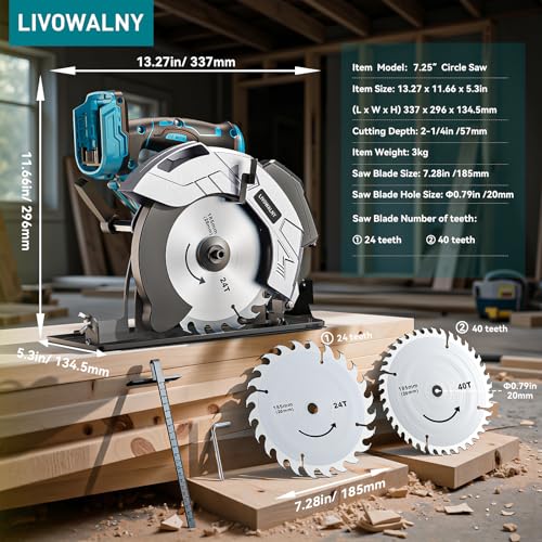 LIVOWALNY Circular Saw Compatible with Ma-kita 18V Batteries, Hand Circular Saw 66 mm with Saw Blade Ø165 x Ø20mm, Angle Tilt Adjustable without Tools (Tool Only)-Blue