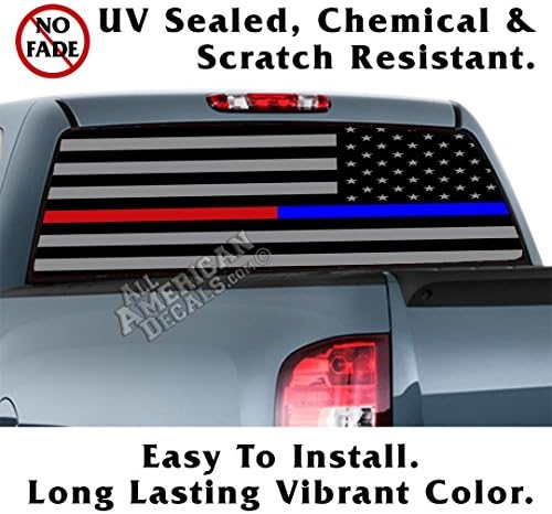 All American Decals - Non-Lam Thin Blue Line &amp; Thin Red Line Tactical American Flag Reverse Facing Back Window Graphic Decal Sticker Car Truck SUV Van - Non-Laminated - 65x20