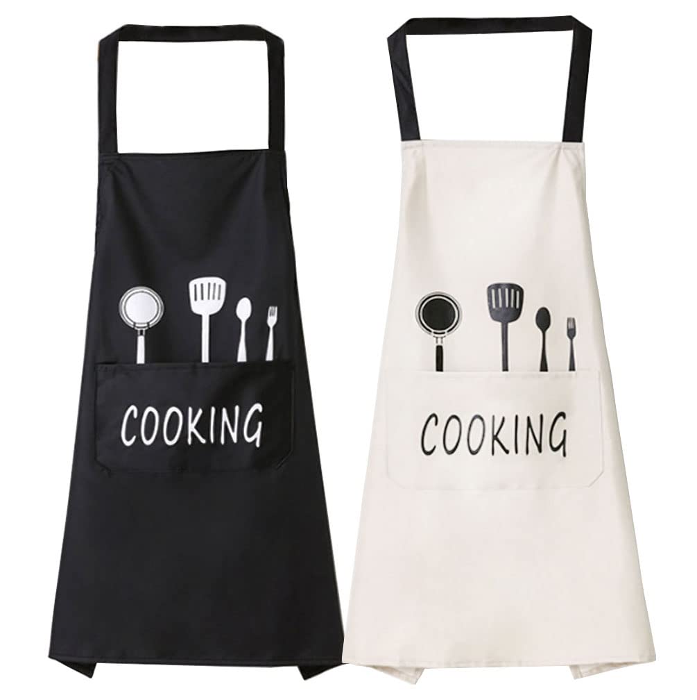 ViLiyDuo 2 Pieces Cooking Apron, Waterproof Bib Apron with 2 Pockets, Grill Apron, Kitchen Apron Men Women for Kitchen, Restaurant, Baking Apron, Black,White, 45 x 70 cm