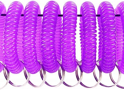 Pack of 50 Flexible Stretchable Clear Color Plastic Spring Spiral Wrist Coil Band Key Chain Ring Tag for Sport Yoga Sauna Pool Office School (Purple)
